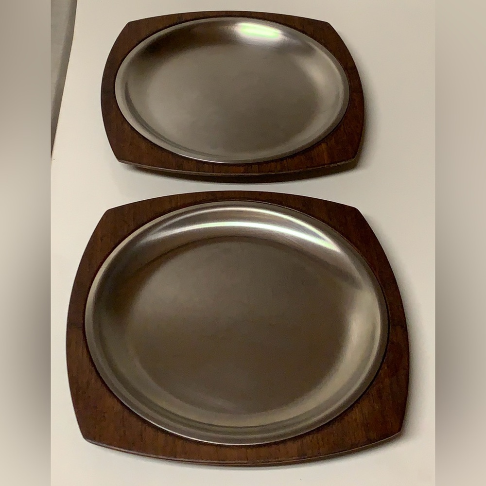Set of 2 Vintage Mid Century Modern Genuine Walnut Steel Sizzler Plates